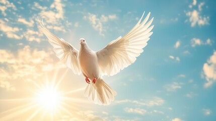 Fototapeta premium majestic white dove in midflight against azure sky wings fully extended feathers catching sunlight symbolizing peace and freedom