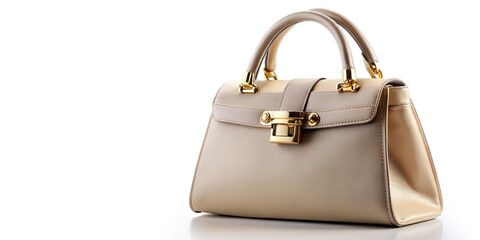 Elegant high-end designer handbag in neutral tone with gold hardware and structured shape, placed on a clean white background with ample copyspace to the right.