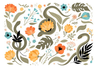 Set of snakes with flowers. Hand-drawn cute stickers. Simple flat vector illustration