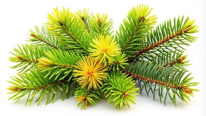 Vibrant spiky green and yellow pine tree branches isolated on a white background, providing ample space for text or graphics, perfect for nature-themed designs.