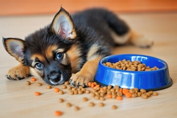 Puppy's first mealtime mess with scattered kibble