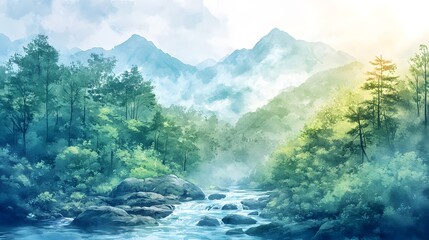 Obraz premium Peaceful mountain stream running through a forest, smooth watercolor strokes capturing the tranquility