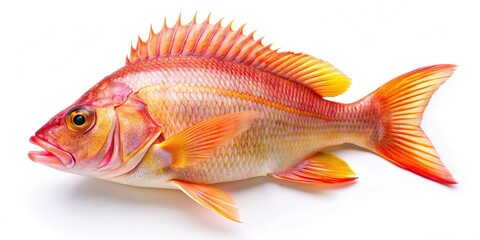 Fototapeta premium Freshly caught tricky snapper fish, with vibrant orange and pink scales, fins, and tail, lies isolated on a pure white background, showcasing its aquatic beauty.