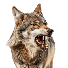 Fototapeta premium Eurasian wolf snarling showing teeth isolated on white background