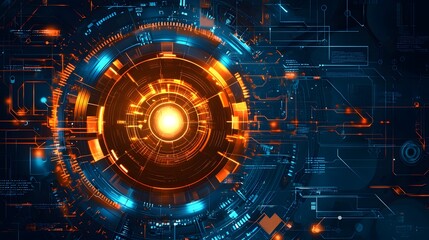 Obraz premium Futuristic digital interface with glowing circles and circuitry in blue and orange hues.