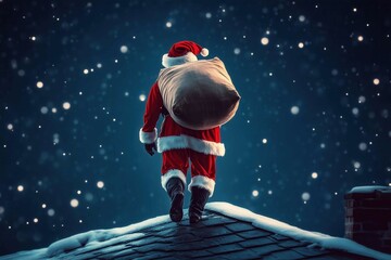 Back view of Santa Claus walking on a roof at night with a full sack delivering presents while snowing