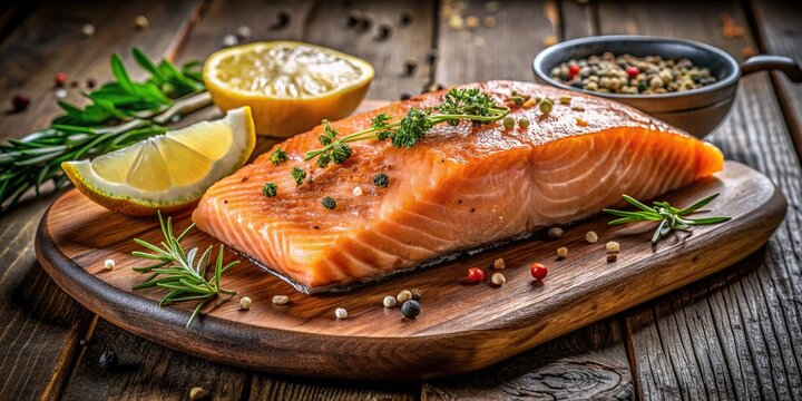 Freshly cooked salmon fillet, perfectly seasoned and garnished, sits atop a rustic wooden plate, surrounded by ample copy space, evoking a sense of hunger and satisfaction.