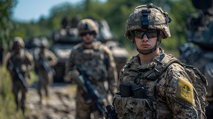 Fototapeta premium A focused male soldier in camo gear stands in front of his military unit.