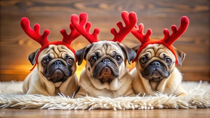 Adorable trio of pugs wear festive reindeer antlers, cuddled up together on a luxurious, soft fur-covered floor, exuding holiday cheer and playful camaraderie.