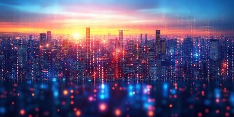 Fototapeta premium The skyline glimmers with lights as the sun sets behind the buildings