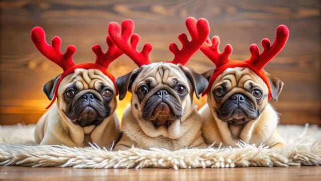 Adorable trio of pugs wear festive reindeer antlers, cuddled up together on a luxurious, soft fur-covered floor, exuding holiday cheer and playful camaraderie.