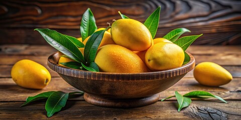 Juicy ripe yellow mangoes arranged in a decorative bowl on a rustic wooden table with bright green leaves and warm natural light copy space.