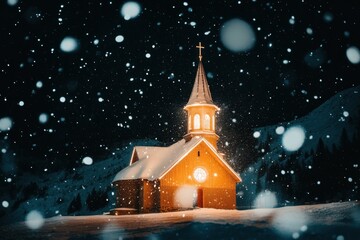 Fototapeta premium Enchanting winter night at snowy church with illuminated windows