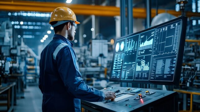 A factory manager monitoring automated production processes on a digital dashboard, with real-time data displayed, emphasizing the role of technology in optimizing efficiency and output
