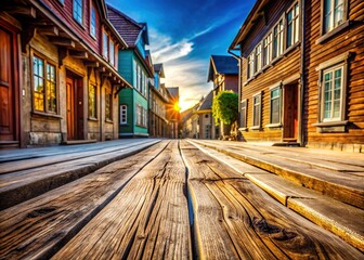 Fototapeta premium Weathered wooden planks glisten in the sun, outlining charming streets lined with historic buildings, evoking a sense of nostalgia and timelessness in a quaint town setting.