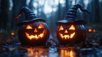 Spooky Glowing Jack-O'-Lanterns with Witch Hats in a Dark Mystical Halloween Setting