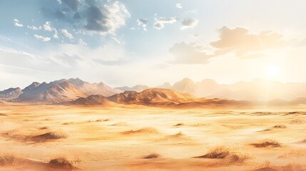 Fototapeta premium Rocky desert landscape under a bright sky, watercolor strokes highlighting the dry textures of the terrain