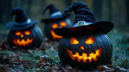 Glowing Jack-O'-Lantern Pumpkins with Witch Hats in Foggy Halloween Night