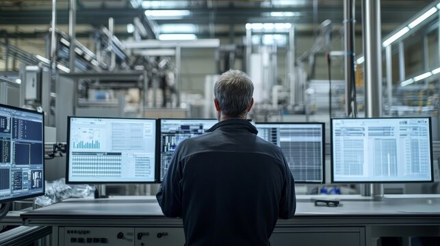 A factory manager overseeing the production process from a control room, with screens displaying real-time data, emphasizing the role of technology in managing and optimizing manufacturing operations
