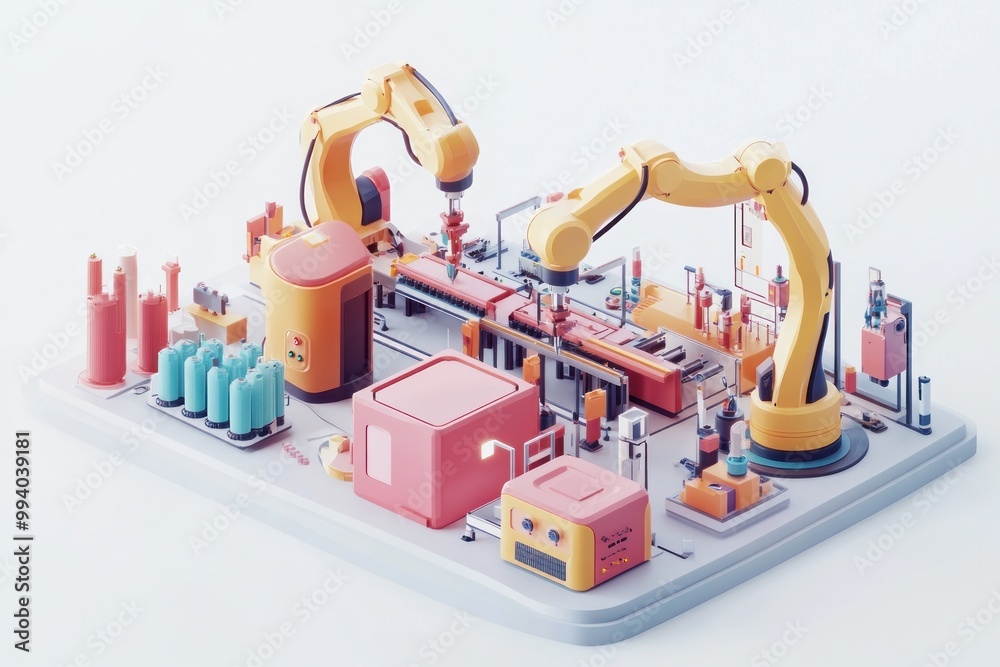 Poster A colorful 3D illustration of an automated manufacturing setup with robotic arms and machinery.