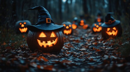 Spooky Glowing Jack-O'-Lantern Pumpkins with Witch Hats in a Dark Foggy Halloween Forest