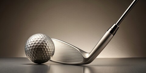 A solitary golf ball rests beside a sophisticated, silver-toned golf club, positioned on a clean, neutral background, exuding elegance and precision in a minimalist composition.