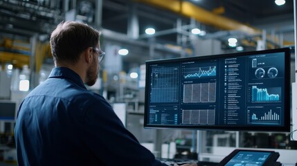 A factory manager reviewing efficiency metrics on a digital dashboard, with charts and graphs displaying real-time data, highlighting the focus on productivity and output in modern manufacturing