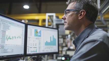 A factory manager reviewing operational excellence metrics on a digital dashboard, with charts and graphs displaying real-time data, highlighting the focus on efficiency and continuous improvement