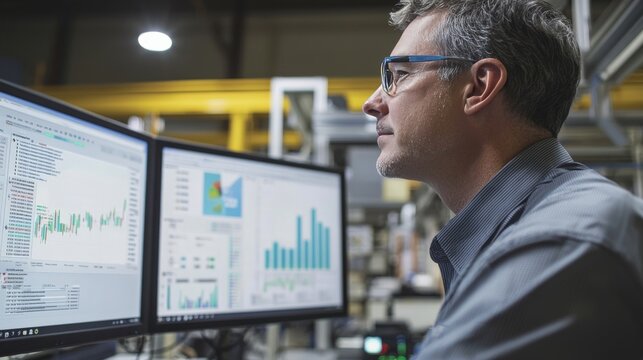 A factory manager reviewing operational excellence metrics on a digital dashboard, with charts and graphs displaying real-time data, highlighting the focus on efficiency and continuous improvement