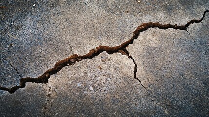 A close-up view of a cracked concrete surface, showcasing the details of the fissures and textures in the material.