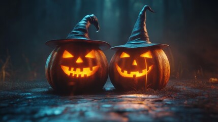 Spooky Glowing Jack-O'-Lantern Pumpkins with Witch Hats in a Dark Foggy Halloween Forest