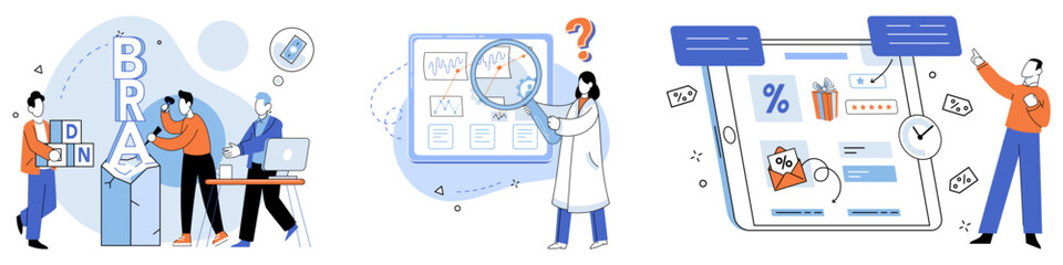 Brand vector illustration. Design, sculptor, carves visual identity becomes face brand Company, collective, breathes life into brand through shared values and vision Brand metaphor, poets muse