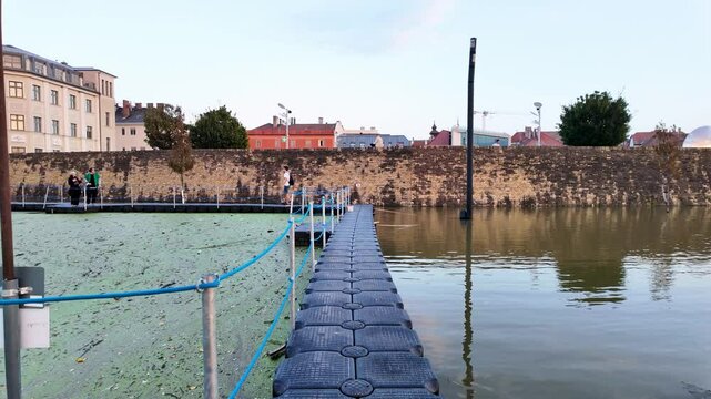 Floods on the river R&aacute;ba in Győr Hungary - high water levels