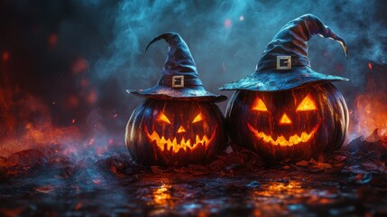 Fototapeta premium Glowing Jack-O'-Lantern Pumpkins with Witch Hats in Foggy Halloween Night