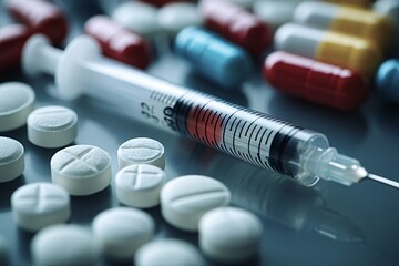 Syringe is lying on a glass table next to a variety of prescription pills in this image with a shallow depth of field
