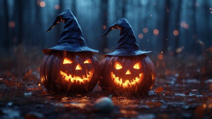 Spooky Glowing Jack-O'-Lantern Pumpkins with Witch Hats in a Dark Foggy Halloween Forest