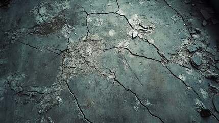 Obraz premium Close-up view of cracked concrete floor, showcasing detailed texture and weathered surface. Ideal for backgrounds and designs.