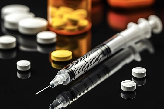 Syringe lying on a dark reflective surface with pills and pill bottles out of focus in the background. The syringe and pills are reflected in the surface