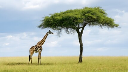 A solitary giraffe browsing the treetops of an acacia tree in the African savannah