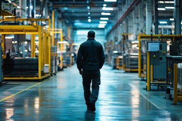 A factory supervisor conducting a walkthrough on the factory floor, checking the progress of various production lines and ensuring everything runs smoothly