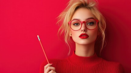 A creative individual in vibrant red attire stands thoughtfully with bold red glasses and a pencil, symbolizing contemplation, artistic expression, and modern intellect.