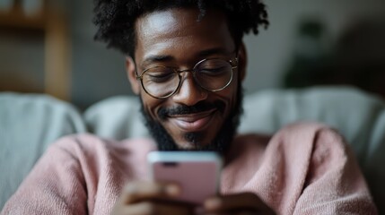 A cheerful man in a pink sweater smiles warmly as he looks at his phone, embodying a relaxed, joyful vibe in a soft-lit interior environment.