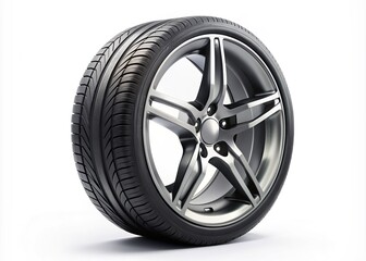 Obraz premium High-contrast image of a single sleek silver wheel with black tire, tread patterns visible, isolated on a pure white background with subtle shadows.