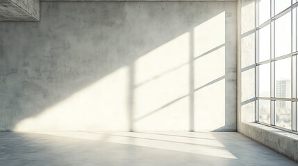 Obraz premium Spacious interior with concrete walls and large windows, showcasing natural light and a minimalist design aesthetic.