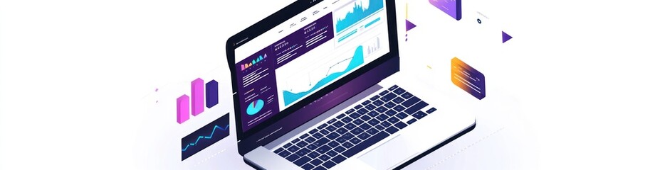 A laptop displaying data analytics and graphs, emphasizing technology and business insights.