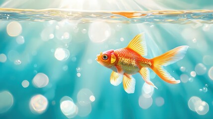 Fototapeta premium Goldfish swimming gracefully in clear, shimmering water with sunlight reflections.
