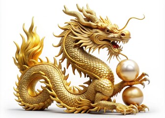 Obraz premium Majestic golden Chinese dragon statue with intricate scales and fiery pearl, isolated on a pure white background, symbolizing power, luck, and prosperity in Asian culture.