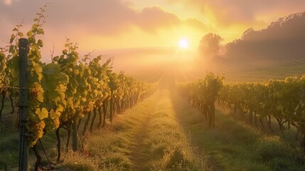 Fototapeta premium Sunrise Over Lush Vineyard Rows in a Recovered War Region Representing Growth and Resilience