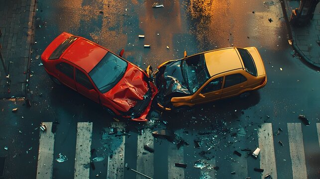 Aerial view of a dramatic car crash between a red and yellow car on the street.