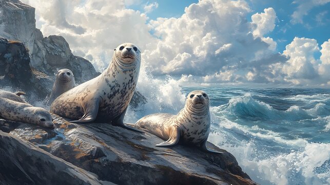 A playful family of seals basking on a rocky shore with crashing waves in the background